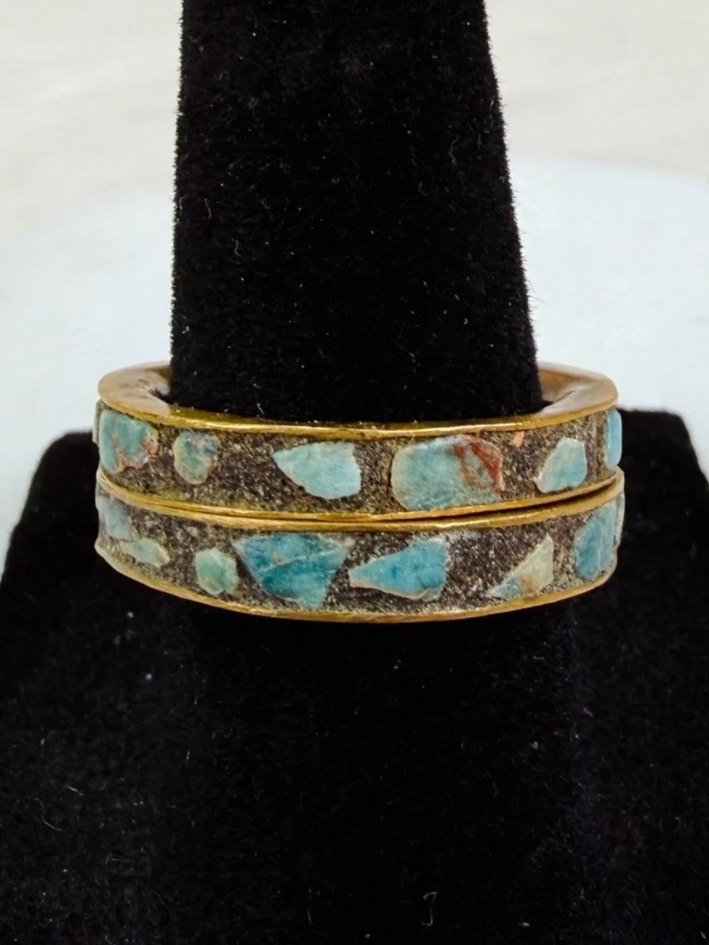 2 Vintage sz 6.5 stacking rings with turquoise colored blue Inlay Brass Bands
